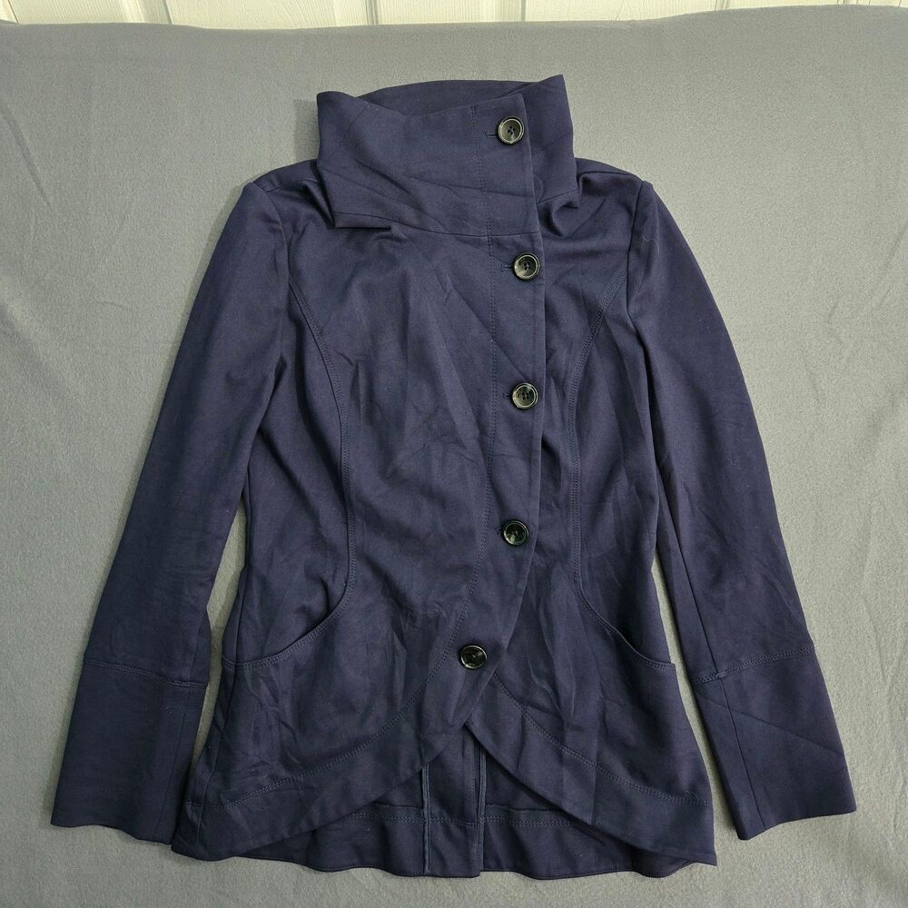 WHBM Lounge Blazer Jacket Women 4 Navy Single Breasted Funnel Neck Academia